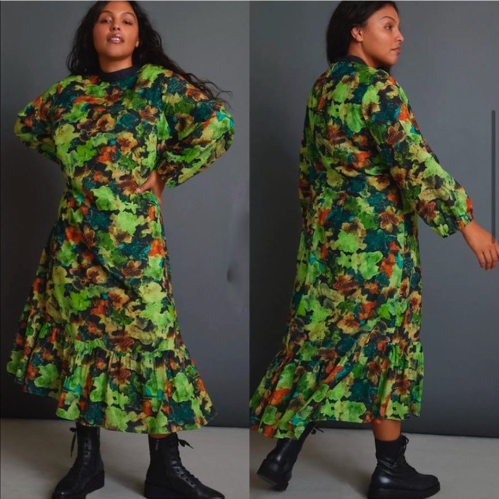 Anthropologie Samant Chauhan green and brown floral tea length dress size XS